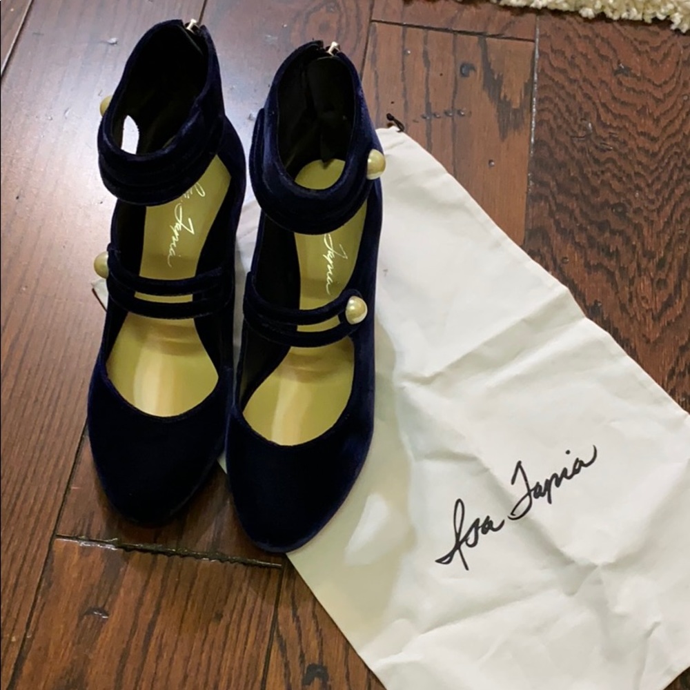 Blue velvet and pearl Mary Janes